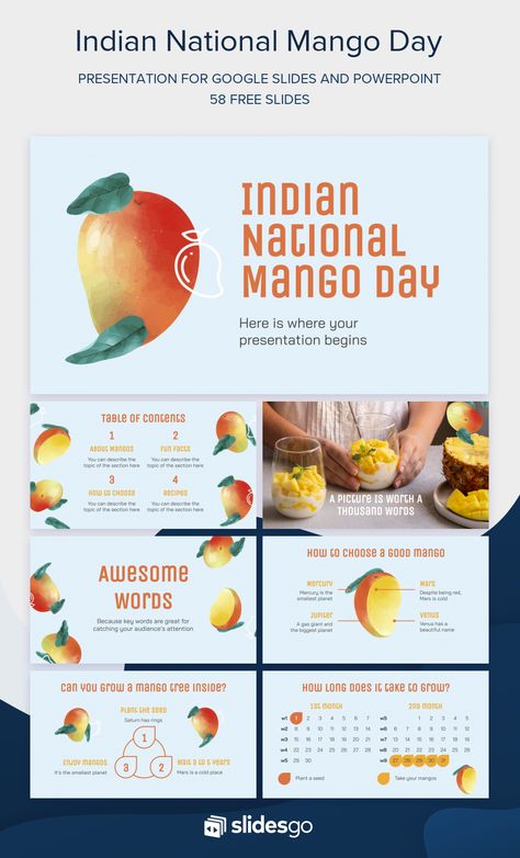 Create a tasty presentation about mangos with this 100% editable template for Google Slides and PowerPoint. It has beautiful illustrations! Mango Presentation, Mango Poster, Aesthetic Presentation, Food Watercolor, Food Poster Design, Website Ideas, Google Slides Themes, Ppt Template, Slide Design