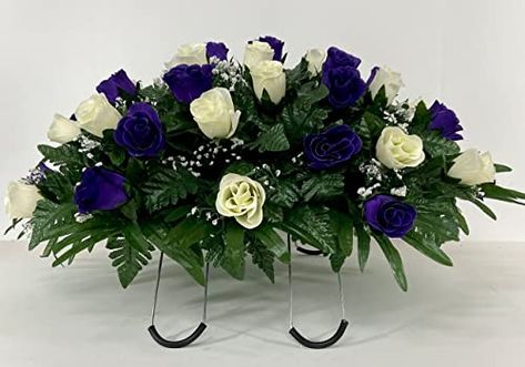 Purple And White Roses, Headstones Decorations, Artificial Silk Flower Arrangements, Sympathy Bouquets, Sympathy Arrangements, Cemetery Decorations, Silk Arrangements, Grave Decorations, Open Rose