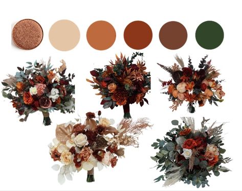 Forest Green And Burnt Orange Wedding Theme, Aurora Wedding, Bridal Parties Colors, Olive Green Weddings, Fall Wedding Color Schemes, Rusting Wedding, Green Wedding Flowers, Orange Wedding Flowers, Burnt Orange Weddings