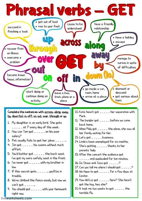 Phrasal verbs interactive and downloadable worksheet. You can do the exercises online or download the worksheet as pdf. Verb Phrases Worksheet, Get Phrasal Verb, Phrasal Verbs Exercises, Phrasal Verbs Worksheet, Phrasal Verbs With Up, Phrasal Verbs English, Phrasal Verb, Verb Worksheets, Phrasal Verbs