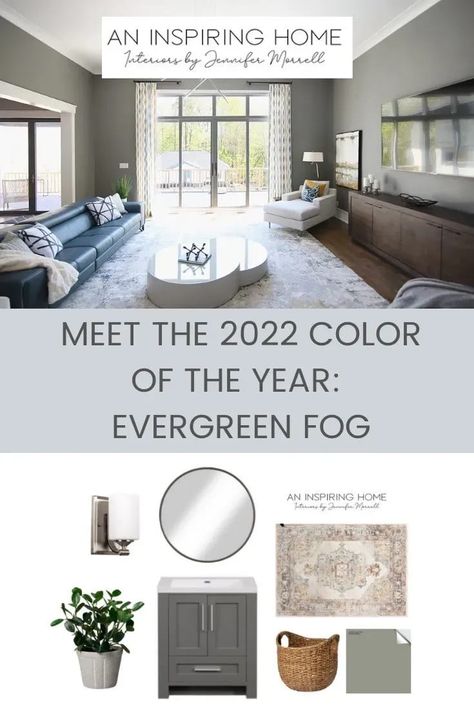 Evergreen Fog Sherwin Williams Living Room, Grey Interior Paint, Interior Board, Sherwin Williams Green, Evergreen Fog, 2022 Color Of The Year, Beige Couch, Hygge Living, Green Dining Room