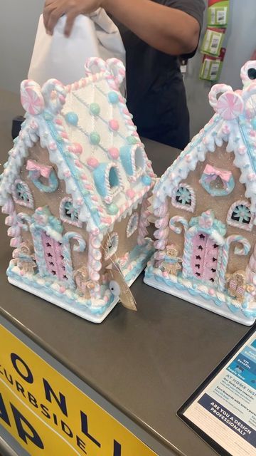 Target Gingerbread House Ideas, Colourful Gingerbread House, Pink Christmas Gingerbread House, Candy Land Gingerbread House Ideas, Gingerbread Christmas Diy Decor, Fake Gingerbread House Diy, Painted Gingerbread Houses, Christmas Village Houses Diy, Gingerbread Village Display