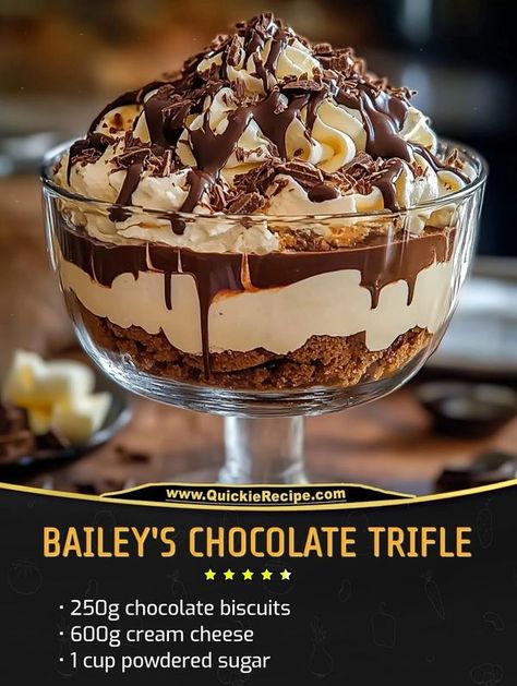 Last minute recipes | Bailey's Chocolate Trifle | Facebook Bailey Trifle Recipe, Baileys Trifle Desserts, Bailey’s Chocolate Cheesecake Truffle, Baileys Chocolate Cheesecake Trifle, Baileys Trifle Recipes, Baileys Recipes Desserts, Baileys Trifle, Last Minute Recipes, Guava Desserts