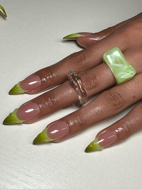 Airbrush French Nails Ombre, Different Styles Of French Tip Nails, Nails Acrylic Lime Green, Nude Aura Nails, Multi Colored French Tip Nails, Nails Lime Green, Green Ombre Nails, Green French Tip Nails, Lime Green Nails