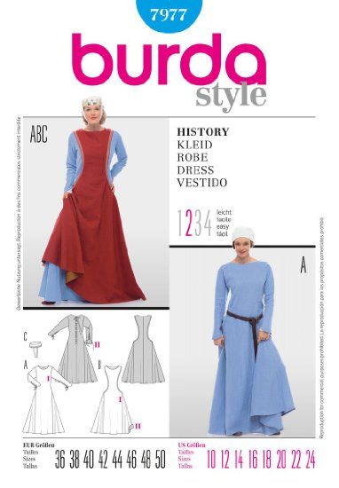 Burda Ladies Sewing Pattern 7977 - Historical Damsel Dress Costumes Sizes: 10-24 Middle Ages Dress, Womens Medieval Dress, Medieval Dress Pattern, Burda Sewing Patterns, Simplicity Dress, Costume Sewing Patterns, Dress History, Medieval Costume, Costume Patterns