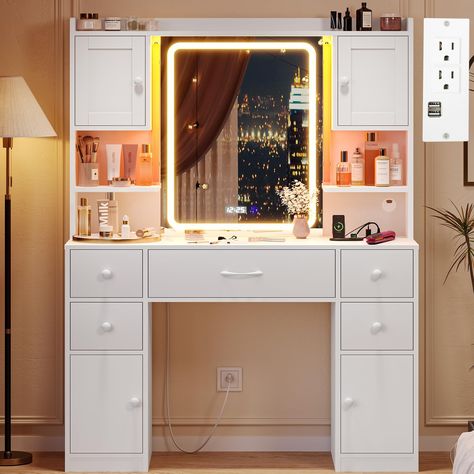 PRICES MAY VARY. 【Smart HD Mirror with Time Display】The large HD mirror with time clock display helps you keep track of time while you're getting ready so you can start your day leisurely. Smart Vanity! 【Makeup Vanity with Powerful Storage】With 5 deep drawers, 3 open shelves, 4 storage cabinets and a large countertop, this vanity desk offers ample storage space for all your beauty products and tools. Made of premium mdf wood for a long service time. 【Illuminate Your Beauty-Built-in LED Lights】Th Makeup Vanity With Lights, Makeup Vanity With Drawers, Vanity With Lights, Vanity Desk With Mirror, Makeup Vanity Lighting, Desk With Mirror, Mirrored Vanity Desk, Vanity Table Set, Large Vanity