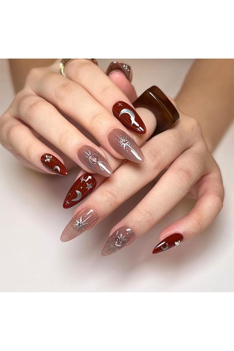 Wine Red Press on Nails Glitter Rhinestones Glue on Nails Long Almond Fake Nails Silver Star Moon Stick on Nails Reusable Artificial False Nails Glossy Acrylic Nails for Women DIY Manicure Glossy Acrylic Nails, Nails Long Almond, Red Press On Nails, Long Almond, Nails Glossy, Nails Silver, Nails Glitter, Nails For Women, Nails Long