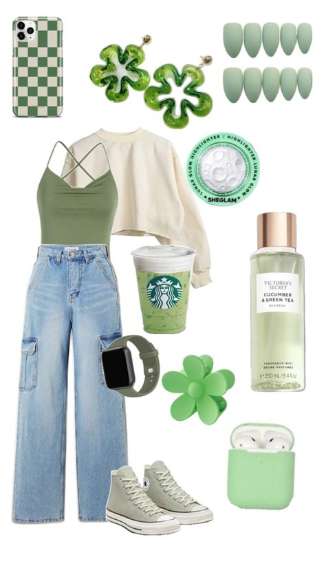 #green #outfit Preppy Outfits Aesthetic, Clean Girl Outfits, Green Preppy, Preppy Outfits For School, Green Clean, Outfits For School, Bag School, Hair Clothes, Preppy Outfit