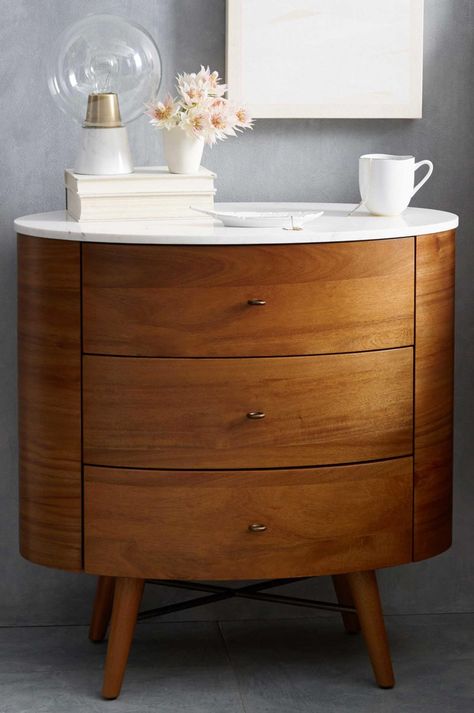 side-table-timber-westelm Slim Bedside Table, Reka Bentuk Bilik Tidur, Meja Nakas, 3 Drawer Bedside Table, 3 Drawer Nightstand, 3 Drawer Dresser, 6 Drawer Dresser, Room Planning, Remodel Bedroom