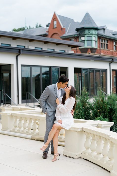 Romantic engagement portrait inspiration on balcony of Wilbur Mansion | PA Engagement photographer Amber Dawn Photography Bryant Park Engagement Photos, Engagement Photos Philadelphia, Skyland Manor Engagement, Skylands Manor Engagement Photos, Humber Bay Park Engagement, Longwood Gardens Engagement, Engagement Portrait, Dawn Photography, Pa Wedding Venues