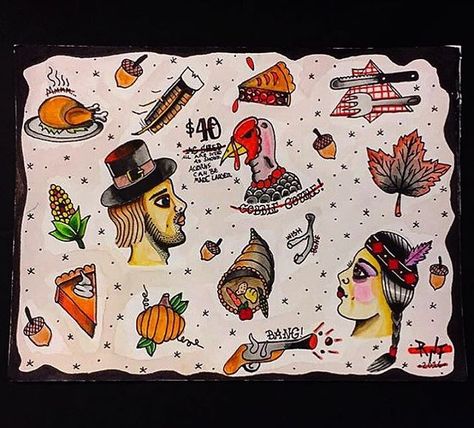 Traditional Thanksgiving Tattoo Flash Sheet 2016 Thanksgiving Flash Tattoo, Thanksgiving Tattoo Ideas, Thanksgiving Tattoo, Holiday Tattoo, Traditional Thanksgiving, Flash Sheet, Tattoo Flash Sheet, Thanksgiving Traditions, Flash Art