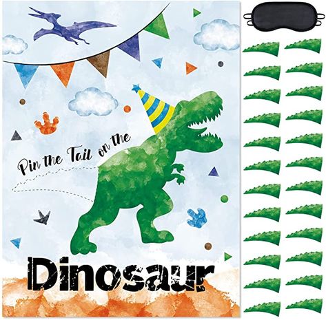 Dinosaur Pin The Tail, Dinosaur Birthday Theme Ideas, Pin The Dinosaur Game, Dinosaur Themed Birthday Party Games, Watercolor Dinosaur Party, Pin The Tail On The Dinosaur, Dinosaur Games For Kids Party Ideas, Dinosaur Birthday Party Games, Dinosaur Games For Kids