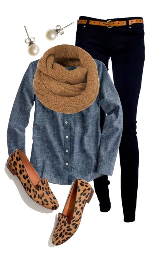 chambray, black pants, and leopared shoes Outfits With Scarf, Cheap Clothing, Leopard Print Shoes, Stil Boho, Mode Casual, Print Shoes, Clothing Stores, Cute Fall Outfits, Casual Winter Outfits