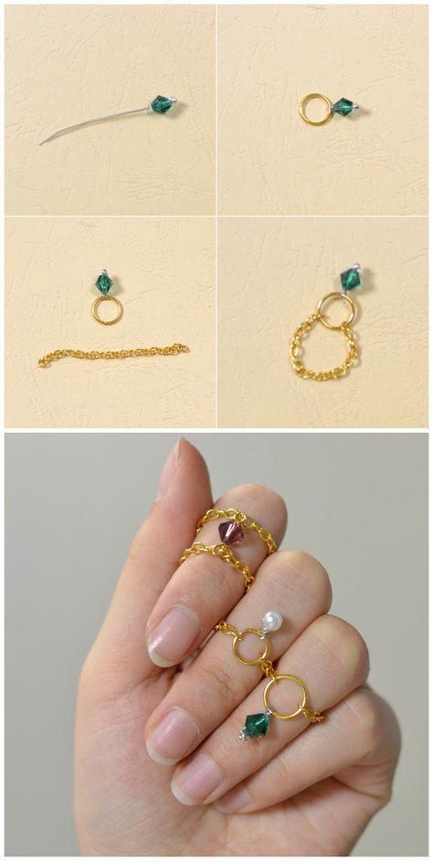 Ring Bracelet Chain Diy, Charm Rings Diy, Diy Chain Accessories, Diy Chain Bracelets, Diy Cute Rings, Chain Ring Diy, Diy Pearl Rings, Diy Body Chain, Diy Pearl Jewelry