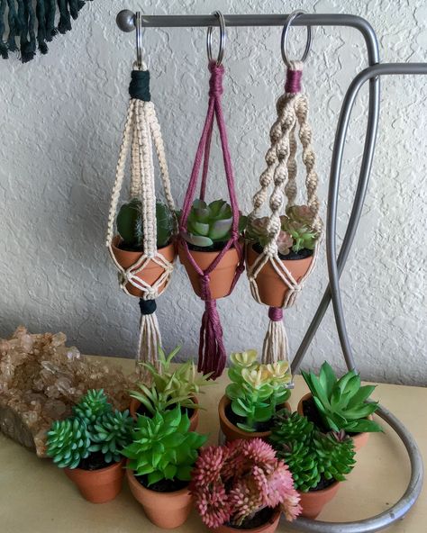 Mini plant hangers by MilkiiWay Macrame Macrame Plant Earrings, Mini Macrame Plant Hanger Diy, Mini Plant Hanger, Diy Macrame Plant Hanger Pattern, Macrame Plant Hanger Patterns, Mini Plant, Plant Wall Decor, Small Macrame, Diy Macrame Plant Hanger