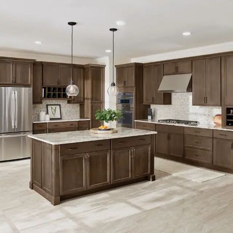 Mocha Cabinets Kitchen, Medium Brown Cabinets Kitchen, Chocolate Brown Kitchen Cabinets, Hampton Bay Kitchen Cabinets, Cabinet Profiles, Kitchen Renovation Inspiration, Brown Kitchen Cabinets, Upper Kitchen Cabinets, Renovation Inspiration