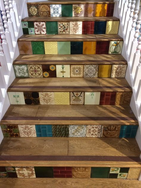 Tiled Stairs, Stairs White, Tiled Staircase, Boho Decor Ideas, Sunken Living Room, Tile Stairs, Colourful Tile, Truro, Vintage Tile