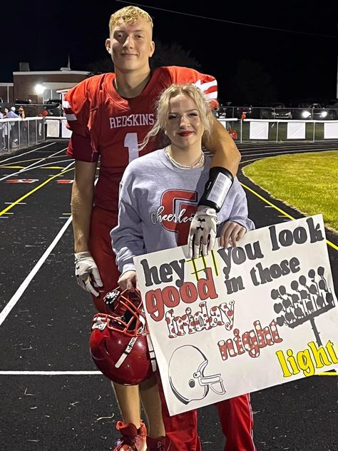 Football sign reading “hey number one, you look good in those Friday night Lights” Signs For Football Games Boyfriend, First Football Game Poster Ideas, Football Game Hoco Proposals, Football And Cheer Hoco Proposal, Football And Cheerleader Hoco Proposal, First Football Game Gift For Boyfriend, Football Signs For Games Posters For Bf, Posters For Football Games Boyfriend, Football Posters High School Ideas Boyfriend