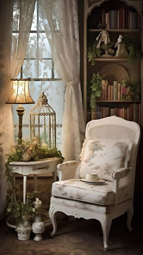 French Country Bookshelf Ideas, Shabby Chic Library, Light Academia Room Ideas, Portico Shabby Chic, Light Academia Room, Reading Room Decor, French Cottage Decor, Cottage Interiors, Room Decor Ideas