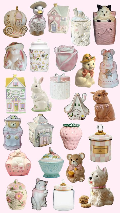 Cute pink cookie jars with cats, flowers and other fun shapes Cookie Jar Ideas, Shabby Chic Cookies, Cute Cookie Jar, Grandma Cookie Jar, Cute Containers, Cute Dishes, Cat Cookie Jar, Pink Cookies, Flower Cookies