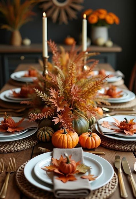 Fall dining table decor transforms your eating space into a warm and inviting autumn retreat. By incorporating seasonal elements like pumpkins, gourds, and rich autumn hues, you can create a cozy atmosphere that welcomes family and friends. There's an easy trick to elevate your table decor that designers swear by. Fall Dining Table Decor Ideas, Thanksgiving Dinner Table Setting, Fall Dining Table Decor, Dining Table Decor Ideas, Autumn Tablescapes, Fall Dining Table, Autumn Dining, Friendsgiving Dinner, Thanksgiving Dinner Table