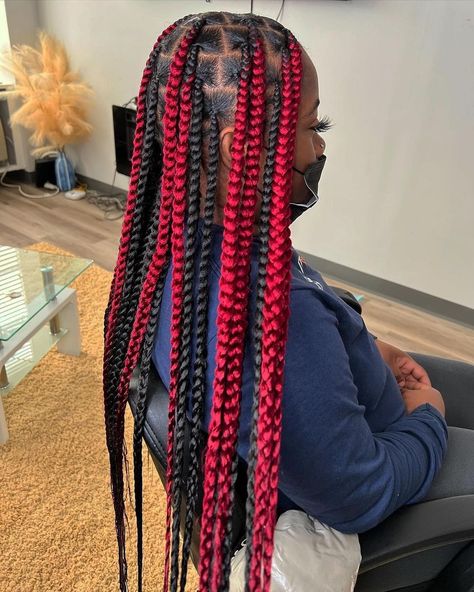 Braids For Dark Skin, Mixed Colour Braids, Updo For Black Women, Brazilian Wool Hairstyles, Naturally Curly Hair Updo, Red Box Braids, Colored Box Braids, Colored Braids, Feed In Braids Hairstyles