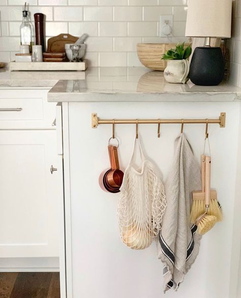 Look for Less Vintage Gold Kitchen Rack — Hartley Home Ikea Rail Kitchen, Hanging Hooks In Kitchen, Kitchen Hook Rail, Hanging Rod In Kitchen, Hang Kitchen Utensils, Kitchen Rail Ideas, Brass Kitchen Rail With Hooks, Ikea Kitchen Rail, Kitchen Wall Rack Ideas