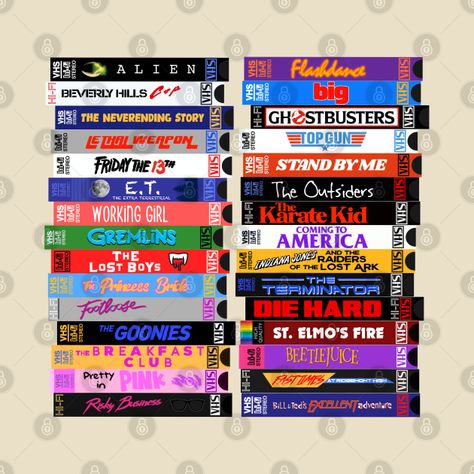 Check out this awesome 'Retro+80s+Movies+VHS+Stacks' design on @TeePublic! Vhs Stack, Sala Retro, Vhs Design, Bujo Themes, Pink Club, 90s Pop Culture, Risky Business, The Neverending Story, 80s Movies