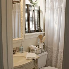 Bright and airy small guest bath. Kay likes this for master or laundry bath Bathroom Windows In Shower, Bathroom Window Coverings, Small Bathroom Window, Bathroom Window Curtains, Bathroom Window Treatments, White Toilet, Window In Shower, Bathroom Window, Decor Ikea