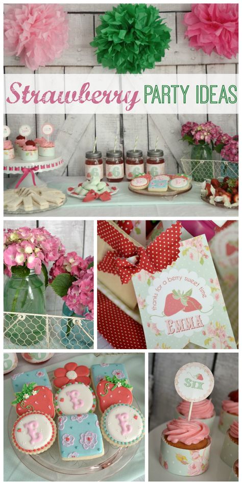 Head out to the farm with this sweet and chic vintage strawberry girl birthday party with cookies and cupcakes!  See more party ideas at CatchMyParty.com! Vintage Birthday Ideas, Birthday Ideas 16, Strawberries Lemonade, Strawberry Themed Party, Vintage First Birthday, Baby Shower Ideas For Girls Themes, Berry Birthday, Strawberry Shortcake Birthday, Strawberry Theme