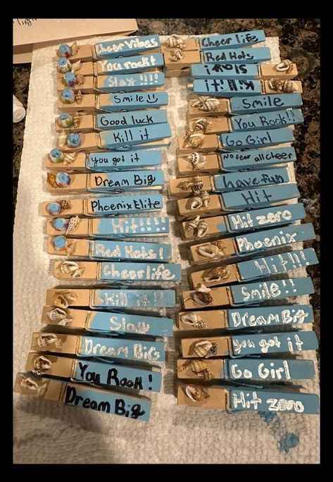 All About Cheer Pins | Hi everyone. Just found this group so this is my first post | Facebook Volleyball Clothespins, Cheer Clip Ideas, Spirit Sticks Cheerleading Diy, Cheer Pins Diy, Cheer Pin Ideas, Cheer Pegs, Cheer Clothespins Ideas, Cheer Clips, Cheer Good Luck Pins