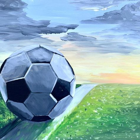 "Soccer Ball on Green Field" is an original acrylic painting. The painting has bold grey and white colors for soccer ball with hints of green for the field. A sunset with yellows and oranges makes the field pop. This painting was inspired by my son's love of soccer and how much he misses playing. He asked if I could make him a painting of a 3-D soccer ball on a green field. I also customized the painting by adding his soccer number in the sky. Soccer Field Drawing, Soccer Paintings, Soccer Decorations, Football Painting, Soccer Number, Sports Artwork, Soccer Decor, Sport Decor, Sports Painting