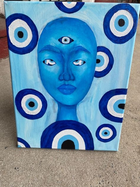 Quirky Painting Ideas, Painting Y2k, Y2k Canvas Painting, Evil Eye Painting, Y2k Painting, Trippy Wall Art, Afrofuturism Art, Disney Canvas Art, Canvas Art Quotes