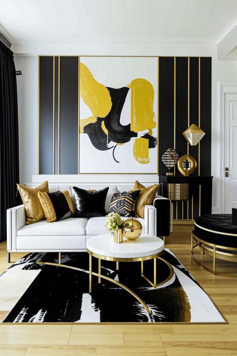 Elevate your living room with a sophisticated black, gold, and white color scheme. Bold black accents paired with gleaming gold details create a dramatic and luxurious atmosphere. White provides a clean and airy contrast, balancing the intensity. Discover inspiring ideas for furniture, lighting, and accessories to achieve this timeless and elegant design. Black White Gold Living Room, Black And White Living Room Decor, Yellow Decor Living Room, Living Room Transformation, Luxe Living Room, Gold Living Room, Yellow Room, Yellow Living Room, Black White Gold