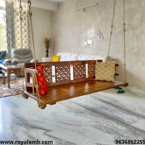 Jhula In Balcony, Wooden Swing In Living Room, Jhula In Living Room, Cane Outdoor Furniture, Swing In Living Room, Classic House Interior Design, Garden Swings, Indoor Swing, Wooden Swing