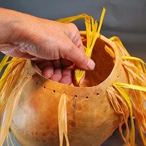 Gourd Art Project, How to Create a Braided Rim Gourd by Lora S Irish | Page 2 | LSIrish.com Gourd Turkey Craft, Gourd Chickens, Carving Gourds, Gourds Diy, Birdhouse Gourds, Gourd Birdhouses, Pyrography Designs, Halloween Gourds, Gourd Ideas