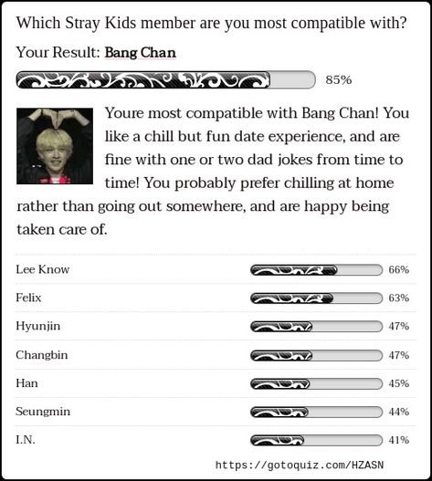 Results: Which Stray Kids member are you most compatible with? What Stray Kids Member Are You, Which Skz Member Are You, Stray Kids With Names, Which Stray Kids Member Are You, Ateez Members Names, Stray Kids Username Ideas, Kid Contracts, Relationship Chart, Take A Quiz