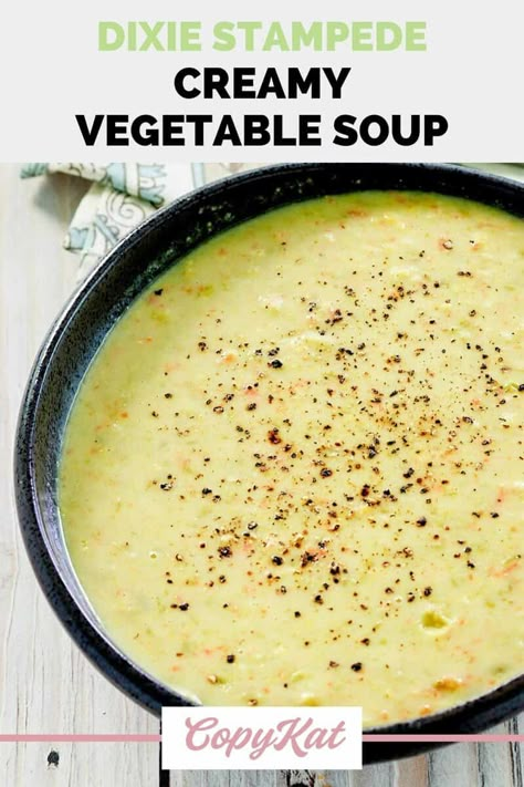 Dolly Parton Dixie Stampede Creamy Vegetable Soup is popular for a reason. It's rich, creamy, and so good! You can make the best cream of vegetable soup with this easy copycat recipe. Enjoy a comforting bowl of vegetable soup made with peas, corn, green beans, carrots, broth, cream, and seasonings. A great soup for lunch or dinner on a cold day. #souprecipeeasy #souprecipes #vegetablesoup #vegetablerecipes #lunchrecipe #easydinnerrecipe #copycat #copycatrecipe Dixie Stampede Creamy Vegetable Soup Recipe, Stampede Creamy Vegetable Soup, Dixie Stampede Creamy Vegetable Soup, Dixie Stampede Soup, Stampede Soup, Vegetable Puree Soup, Cream Of Vegetable Soup, Dixie Stampede, Creamy Vegetable Soup