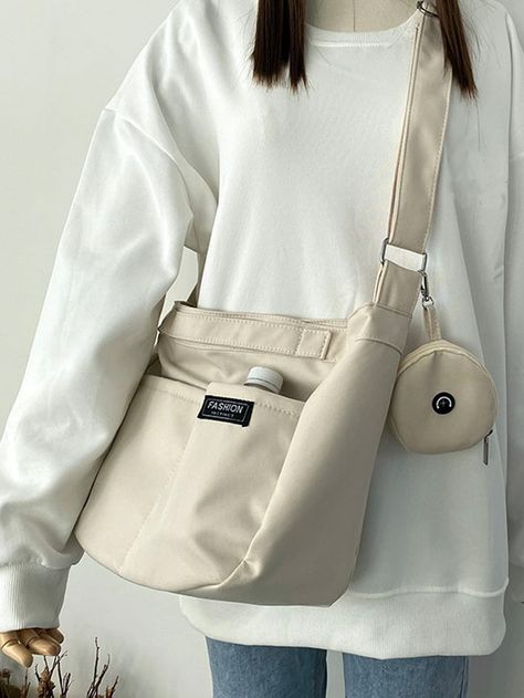 White Casual,Preppy Collar  Polyester Letter Hobo Bag Embellished   Women Bags Mochila Grunge, Purse For Teens, Desain Tote Bag, Sac Tote Bag, Stylish School Bags, Tas Bahu, My Style Bags, Japanese Bag, Tas Fashion