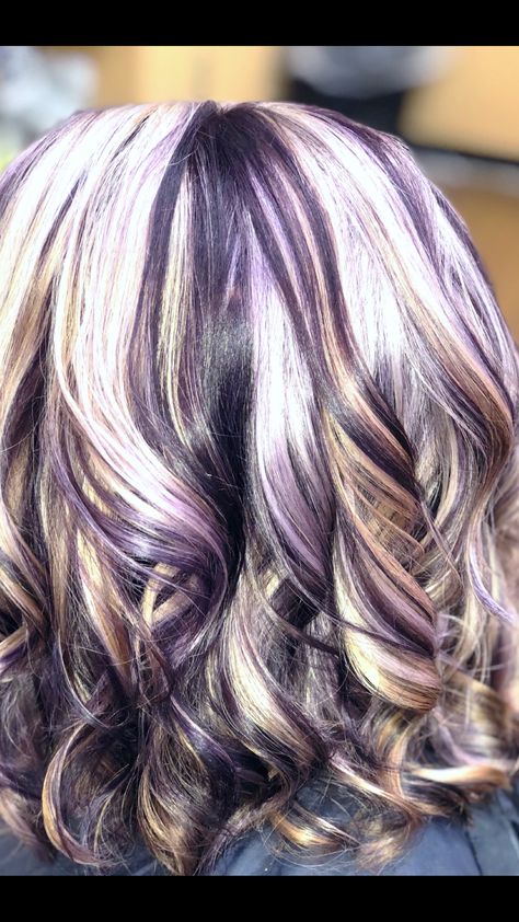 Purple Grey Highlights Brown Hair, Blonde And Plum Highlights, Purple Highlights Blonde Hair Short, Blonde With Vivid Highlights, Blonde Brown Purple Hair, Silver With Purple Highlights, Blonde Hair With Dark Purple Highlights, Salt And Pepper Hair With Purple, Subtle Purple Highlights Blondes