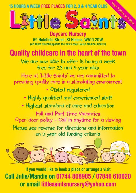 Childcare leaflet design for Little Saints Daycare Nursery by www.flyer-designers.co.uk #childcare #nurseryleaflets #littlesaints Daycare Advertising Ideas, Daycare Advertising, Tutor Flyer, Toddler Daycare Rooms, Daycare Flyer, Daycare Schedule, Opening A Daycare, Daycare Nursery, Flyers Ideas