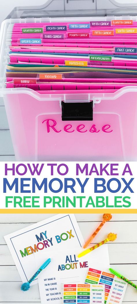 Make a DIY school memory box kit to keep your child's artwork, school work, photos, and more! Grab memory box printables in many styles. #MemoryBox #organization #MemoryBoxPrintables #printables #Keepsake Kids Keepsake Storage Printable, Childs Memory Box Ideas, School Project Organization, School Documents Organization, School Project Storage Ideas, Kids School Keepsake Storage, Keep Sake Box Ideas Diy, Memory Storage Box Ideas, Photo Boxes Diy