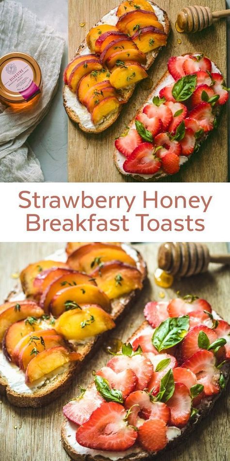 Start your mornings off right with these healthy Strawberry and Peach Honey Breakfast Toasts! Easy, sweet, simple recipe! Tons of ideas here. #breakfasttoast #toastrecipes #toastideas #honey #strawberry #toasteasy #beeseasonal #beeseasonalhoney Breakfast Toasts, Peach Honey, Honey Breakfast, Healthy Honey, Wildflower Honey, Healthy Brunch, Summer Breakfast, Healthy Strawberry, Breakfast Toast