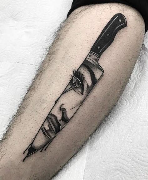 Black Filled Tattoo, Knife With Eyes Tattoo, Silent Hill Tattoo, Knife Tattoos, Cooking Tattoo, Ojo Tattoo, Hannah Tattoo, Shading Practice, Pet Tattoo Ideas