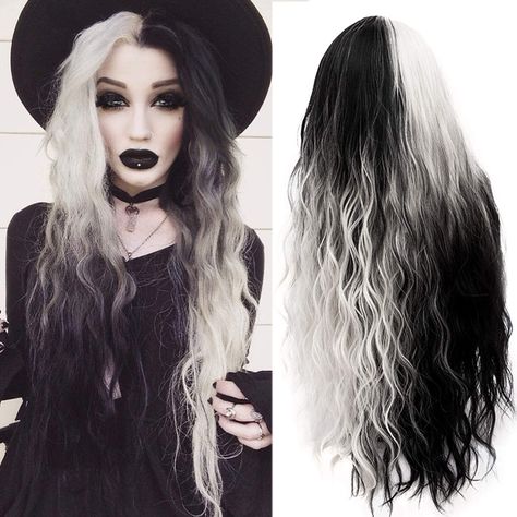 Dyed Bangs, Black And White Wig, Silver Wigs, Halloween Fest, Long Curly Wig, Halloween Wigs, Ombre Wigs, Costume Wigs, Hair Color Dark