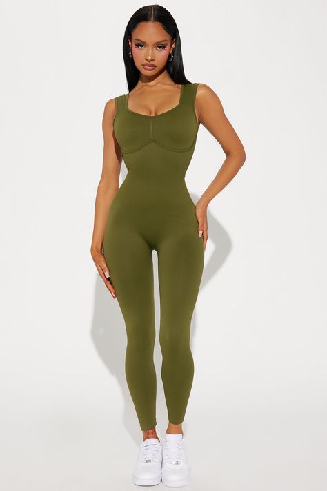 Available In Charcoal And Olive. Active Jumpsuit Scoop Neck Sleeveless Seamless Ribbed Strappy Back Detail Medium Impact Stretch 90% Nylon 10% Spandex Imported | Core Strength Seamless Ribbed Active Jumpsuit in Olive Green size XL by Fashion Nova Olive Fashion, Fashion Nova Outfits, Service Women, Core Strength, Active Wear Outfits, Matching Dresses, Tulum, Set Dress, Jumpsuits For Women