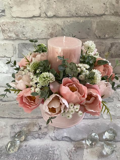 Candle Centrepiece, Pilar Candles, Globe Thistle, Metal Trough, Pink White Flowers, Candle Arrangements, Pink And White Flowers, Flower Candle, Candle Centerpieces