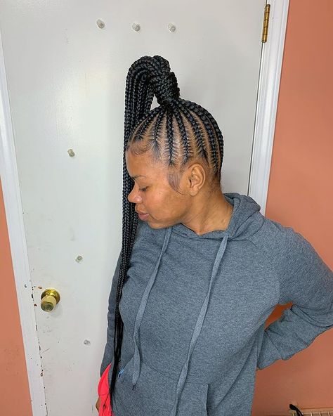 Indys Finest ❤️ on Instagram: “Stitch genie ponytail #stitchbraids #protectivehairstyles #fulanibraids #2layerbraids #protectivestyles #tribalbraids #neatbraids #braids…” High Braids Ponytail, Medium Feed In Braids Ponytail, Small Feed In Braids Ponytail, Medium Feed In Braids, Ponytail With Braiding Hair, Stitch Ponytail, Genie Ponytail, Small Feed In Braids, Feed In Braids Ponytail