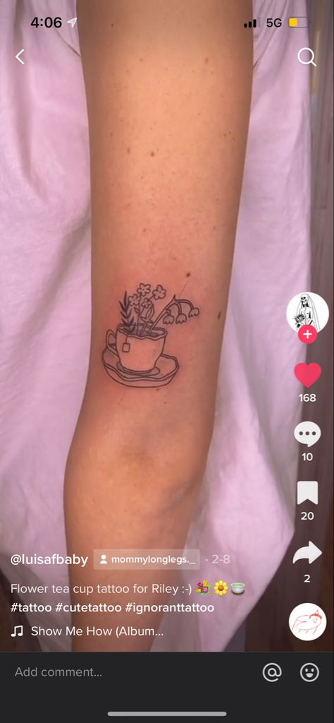 Matcha Tattoos, Tea Cup Tattoos, Vintage Cup Of Tea Tattoo, Tea Cup And Flowers Tattoo, Cute Teacup Tattoo, Overflowing Tea Cup Tattoo, Vanilla Tattoo, Fine Line Teacup Tattoo, Dainty Tea Cup Tattoo