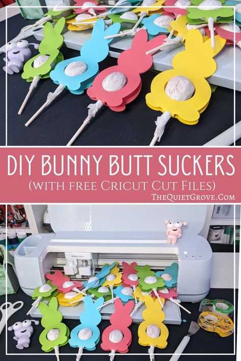 Are you looking for a fun Easter Craft/Treat to make with your Cricut? These Bunny Butt Suckers are easy to make and are super cute! #CricutCreated #CricutCraft #EasterCraft #BunnyCraft Easter Goodie Bags, Easter Classroom, Easter Festivities, Diy Bunny, Easter Treat Bags, Easter Gift Bags, Easter Favors, Easter Party Favor, Fun Easter Crafts